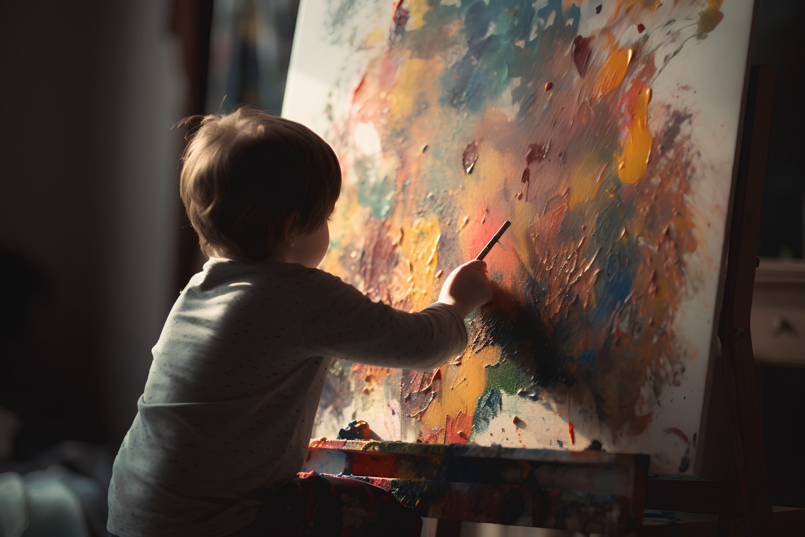 Cute little boy painting on easel at home. Early learning. Art concept
