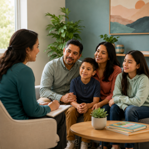 Familia hispana hablando con una terapeuta durante una sesión de counseling en español en Denver y Englewood.
